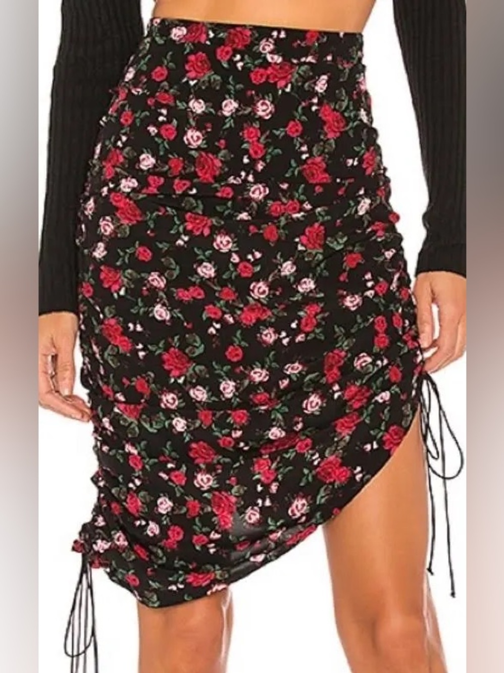 For Love & Lemons Black Floral Asymmetrical Ruched Skirt